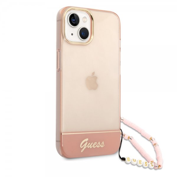 Guess iPhone 14 Plus Skal Translucent with Strap Rosa