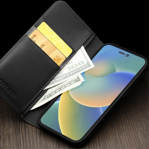 Qialino iPhone 14 Pro Max Fodral Äkta Läder Svart