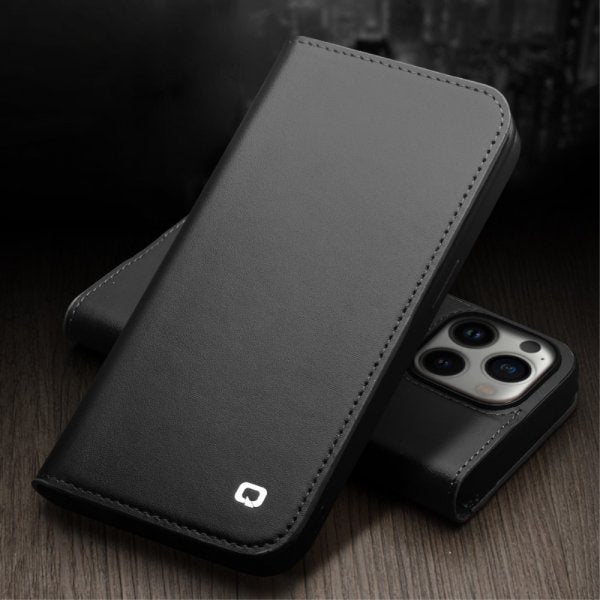 Qialino iPhone 14 Pro Max Fodral Äkta Läder Svart