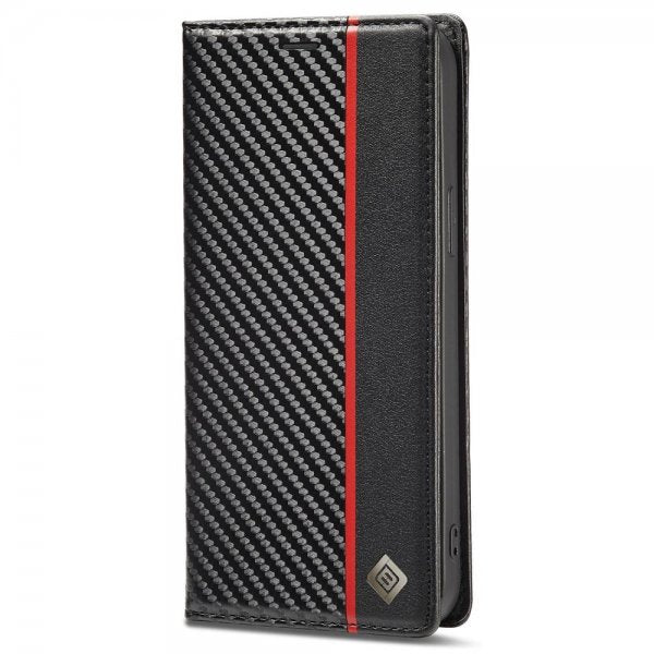Lc.Imeeke iPhone 14 Pro Max Fodral Kolfibertextur Röd Stripe Vertical