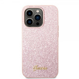 Guess iPhone 14 Pro Max Skal Glitter Flakes Metal Logo Rosa