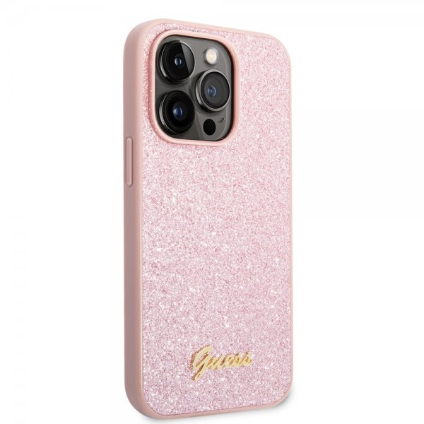Guess iPhone 14 Pro Max Skal Glitter Flakes Metal Logo Rosa