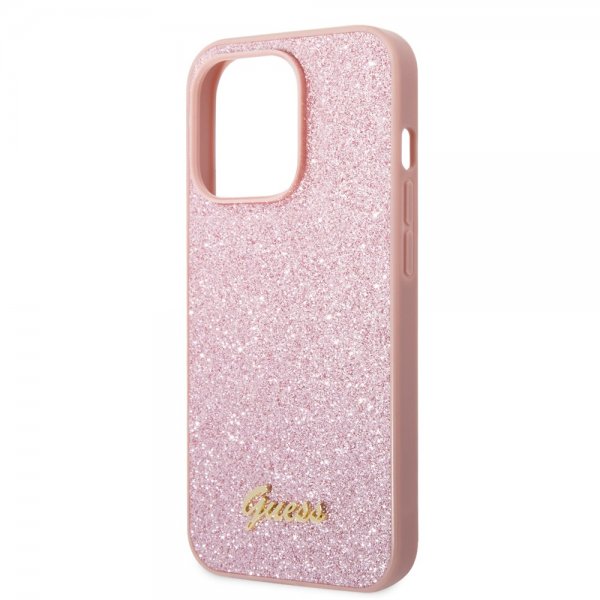 Guess iPhone 14 Pro Max Skal Glitter Flakes Metal Logo Rosa