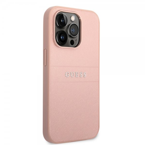 Guess iPhone 14 Pro Max Skal Saffiano Metal Logo Stripes Rosa