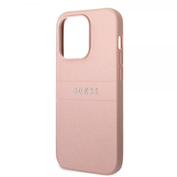 Guess iPhone 14 Pro Max Skal Saffiano Metal Logo Stripes Rosa