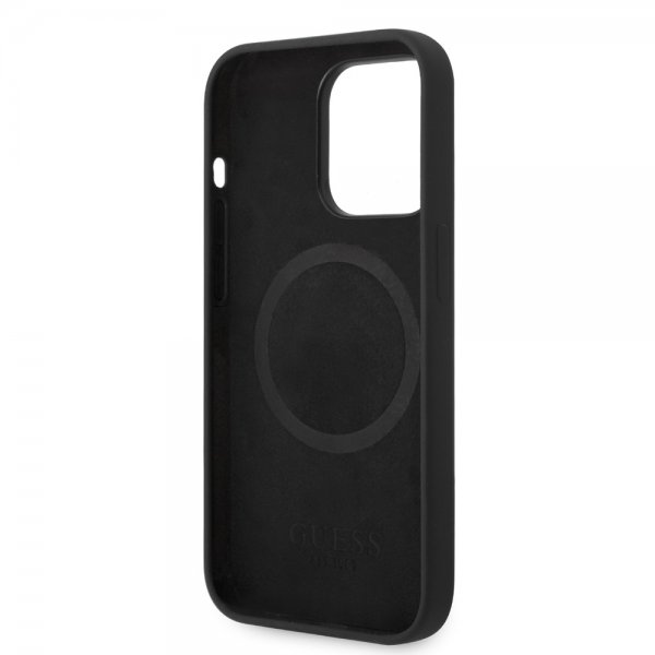 Guess iPhone 14 Pro Max Skal Silicone Metal Plate MagSafe Svart