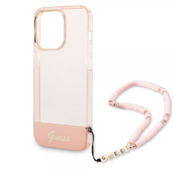 Guess iPhone 14 Pro Max Skal Translucent with Strap Rosa