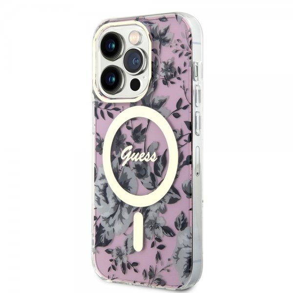 Guess iPhone 14 Pro Skal Flower MagSafe Rosa