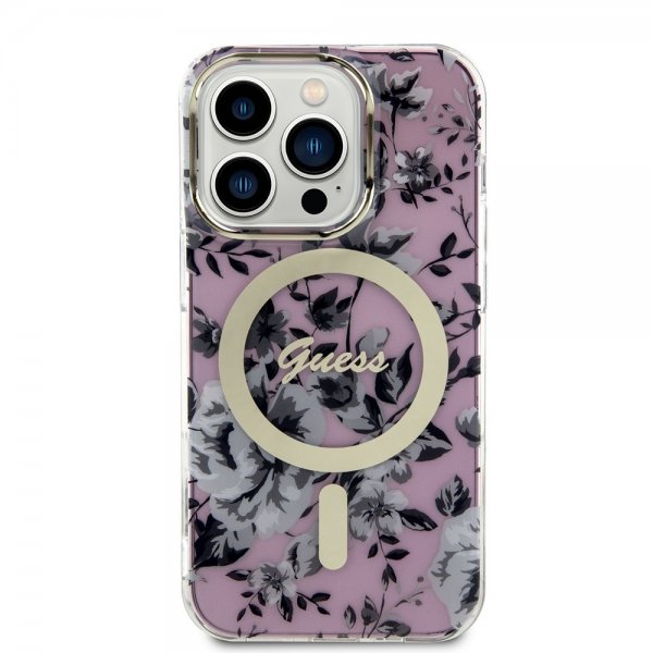 Guess iPhone 14 Pro Skal Flower MagSafe Rosa