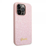 Guess iPhone 14 Pro Skal Glitter Flakes Metal Logo Rosa