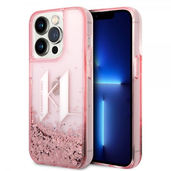 Karl Lagerfeld iPhone 14 Pro Skal Liquid Glitter Big Logo Rosa