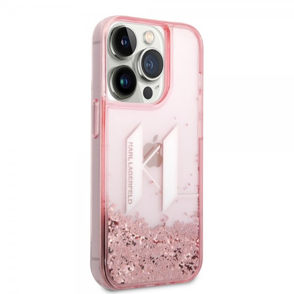 Karl Lagerfeld iPhone 14 Pro Skal Liquid Glitter Big Logo Rosa
