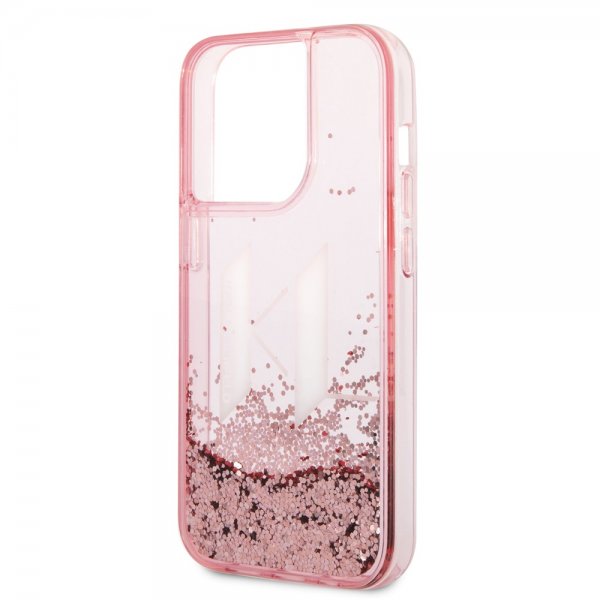 Karl Lagerfeld iPhone 14 Pro Skal Liquid Glitter Big Logo Rosa