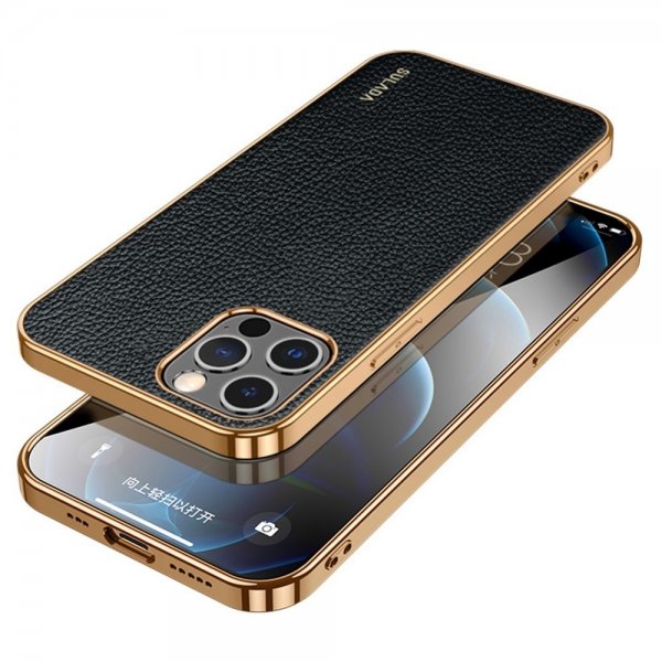 Sulada iPhone 14 Pro Skal Litchimönster Pläterad Kant Svart