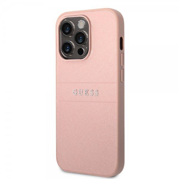 Guess iPhone 14 Pro Skal Saffiano Metal Logo Stripes Rosa