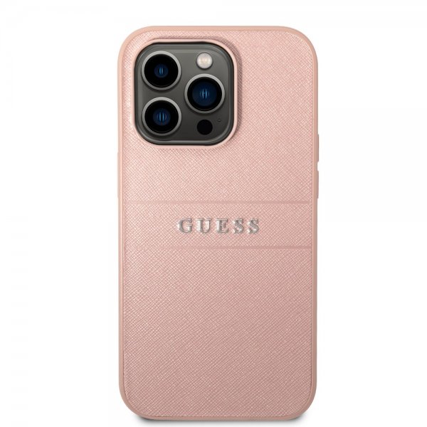 Guess iPhone 14 Pro Skal Saffiano Metal Logo Stripes Rosa