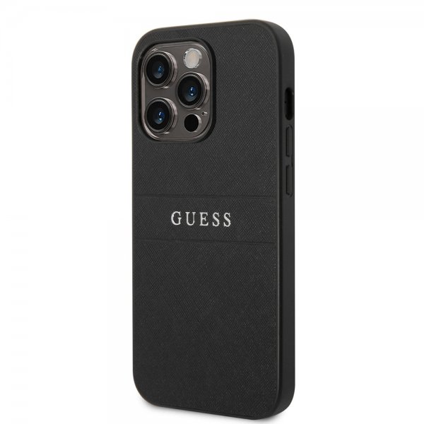 Guess iPhone 14 Pro Skal Saffiano Metal Logo Stripes Svart