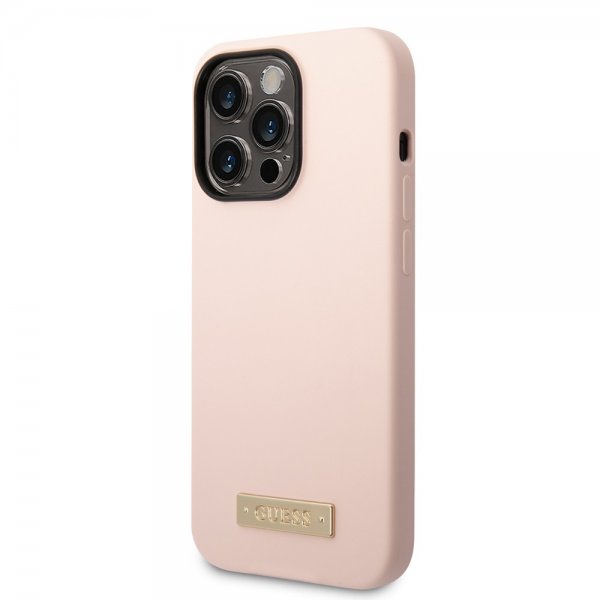 Guess iPhone 14 Pro Skal Silicone Metal Plate MagSafe Rosa