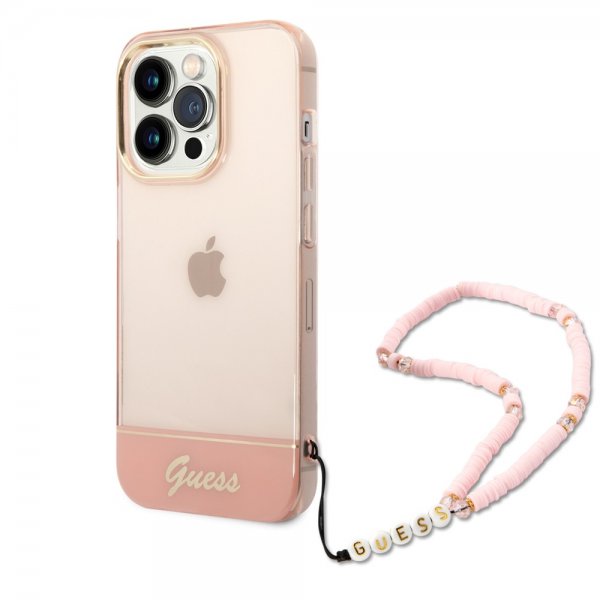 Guess iPhone 14 Pro Skal Translucent with Strap Rosa