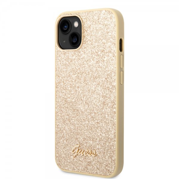 Guess iPhone 14 Skal Glitter Flakes Metal Logo Guld