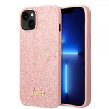 Guess iPhone 14 Skal Glitter Flakes Metal Logo Rosa