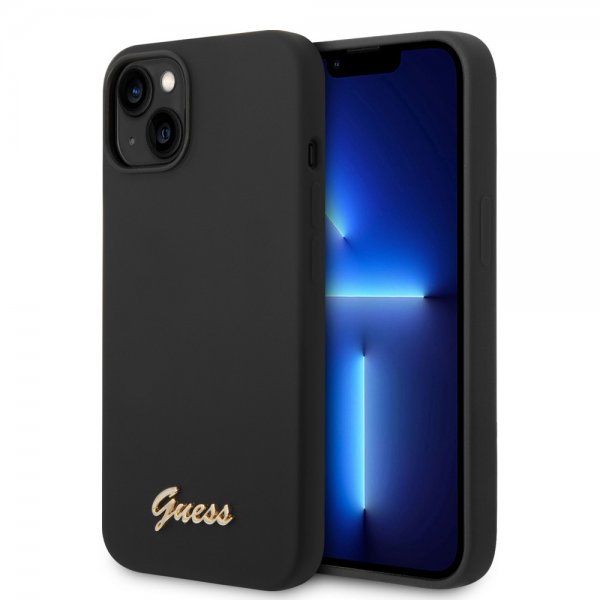 Guess iPhone 14 Skal Liquid Silicone Metal Logo Svart