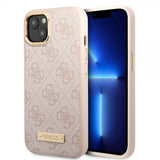 Guess iPhone 14 Skal Metal Plate Logo MagSafe Rosa