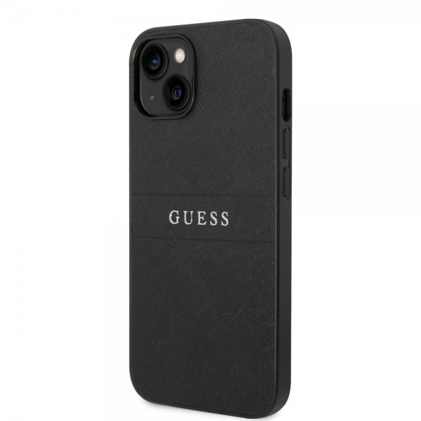 Guess iPhone 14 Skal Saffiano Metal Logo Stripes Svart