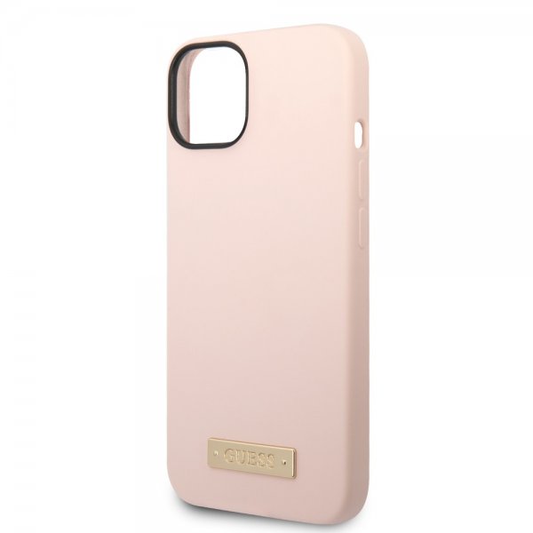 Guess iPhone 14 Skal Silicone Metal Plate MagSafe Rosa