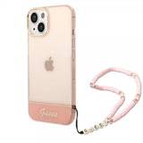 Guess iPhone 14 Skal Translucent with Strap Rosa