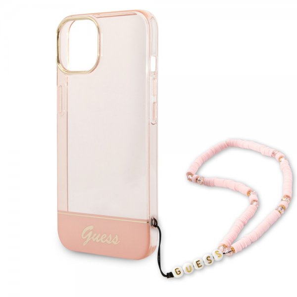 Guess iPhone 14 Skal Translucent with Strap Rosa