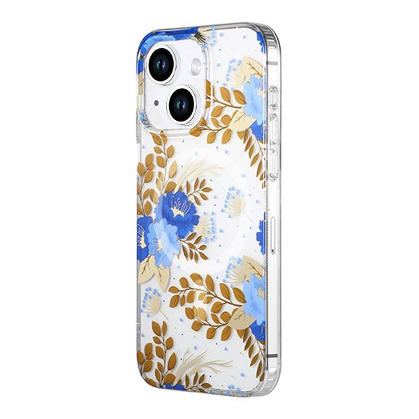 iPhone 14 Plus/iPhone 15 Plus Skal Blommönster MagSafe Blå Guld