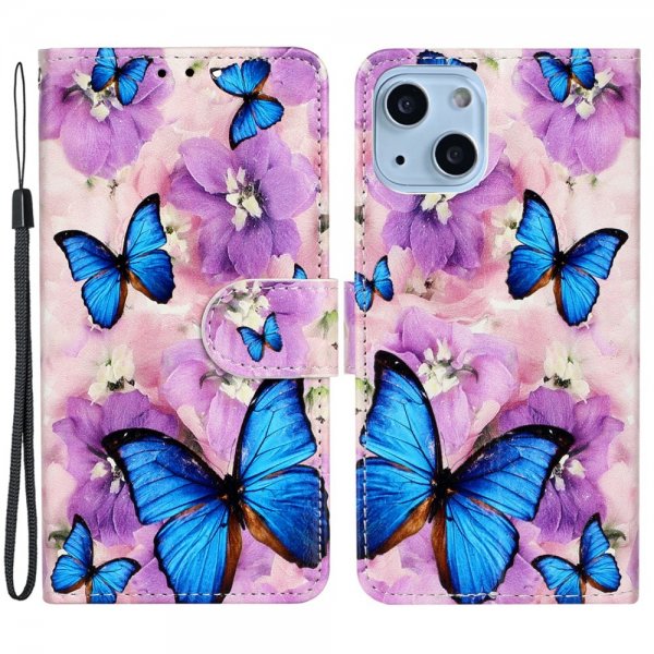 iPhone 15 Plus Fodral Motiv Lila Blommor Blåa Fjärilar