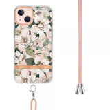 iPhone 15 Plus Skal Blommönster med Strap Grön Gardenia