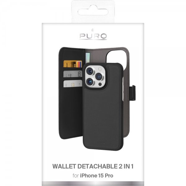 Puro iPhone 15 Pro Fodral Wallet Detachable 2 in 1 Svart