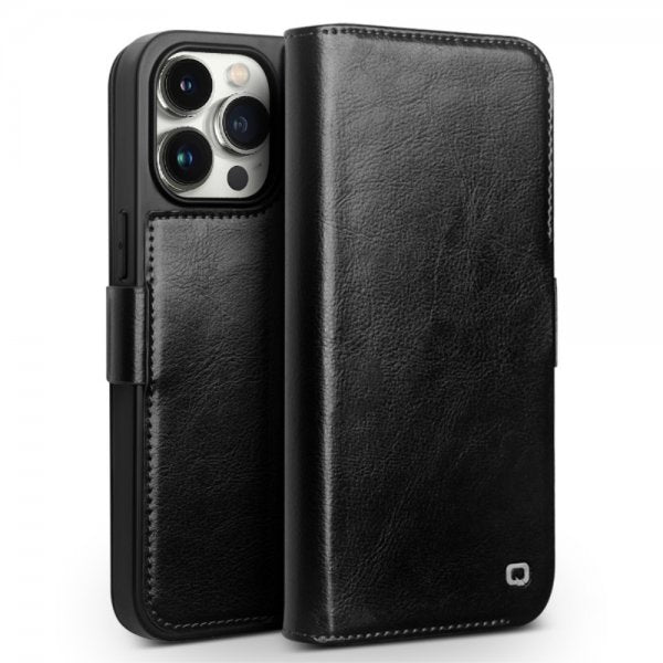 Qialino iPhone 15 Pro Max Fodral Äkta Läder Svart