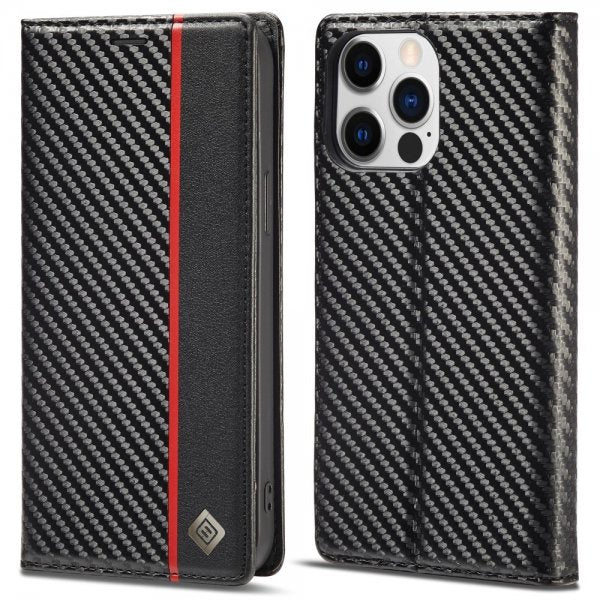Lc.Imeeke iPhone 15 Pro Max Fodral Kolfibertextur Röd Stripe Vertical Svart