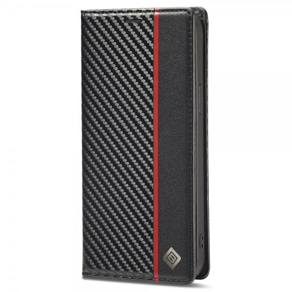 Lc.Imeeke iPhone 15 Pro Max Fodral Kolfibertextur Röd Stripe Vertical Svart