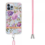 iPhone 15 Pro Max Skal Blommönster med Strap Lila Pion