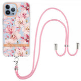 iPhone 15 Pro Max Skal Blommönster med Strap Rosa Gardenia