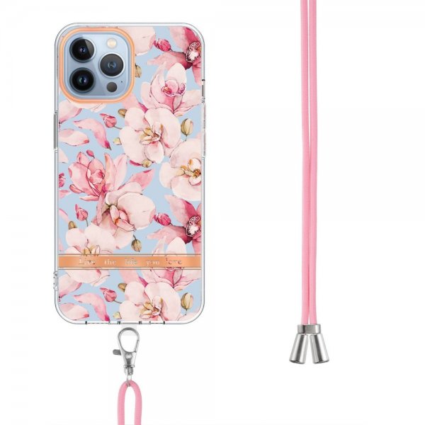 iPhone 15 Pro Max Skal Blommönster med Strap Rosa Gardenia