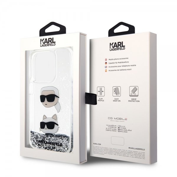Karl Lagerfeld iPhone 15 Pro Max Skal Liquid Glitter Karl & Choupette Silver