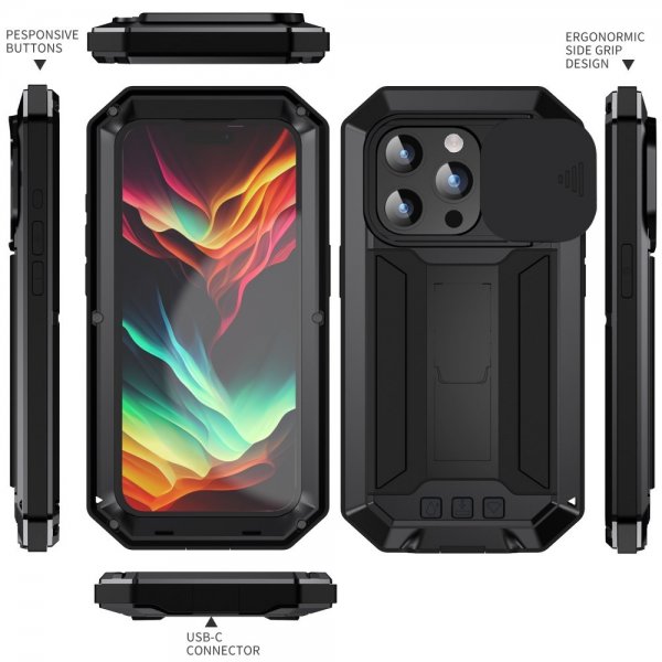 R-JUST iPhone 15 Pro Max Skal Metall Stöttåligt Kameraskydd Svart