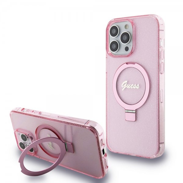Guess iPhone 15 Pro Max Skal Ring Stand Glitter MagSafe Rosa