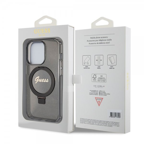 Guess iPhone 15 Pro Max Skal Ring Stand Glitter MagSafe Svart