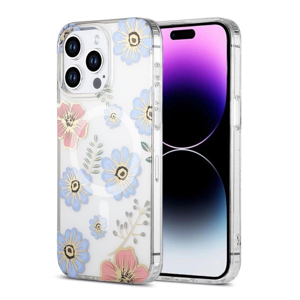 iPhone 15 Pro Skal Blommönster MagSafe Röd Blå