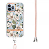 iPhone 15 Pro Skal Blommönster med Strap Grön Gardenia