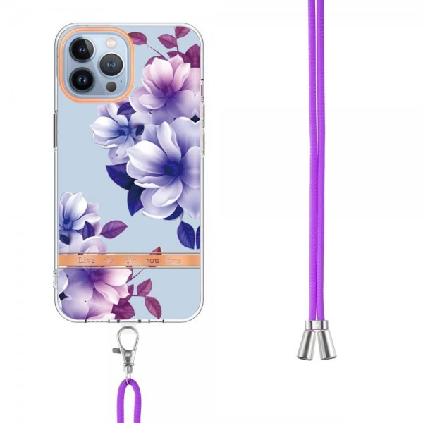 iPhone 15 Pro Skal Blommönster med Strap Lila Begonia