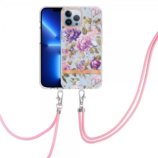 iPhone 15 Pro Skal Blommönster med Strap Lila Pion