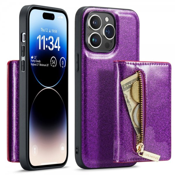 Dg.Ming iPhone 15 Pro Skal M3 Series Löstagbar Korthållare Glitter Lila